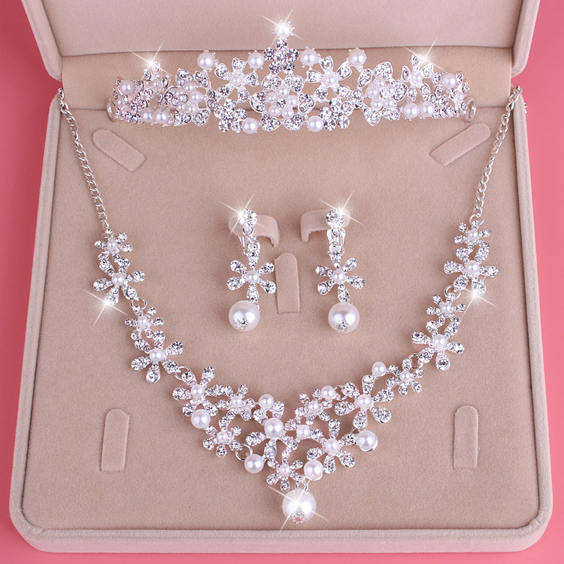 Bridal Accessories Wedding Jewelry Set Rhinestone Necklace Earrings Tiara Crown