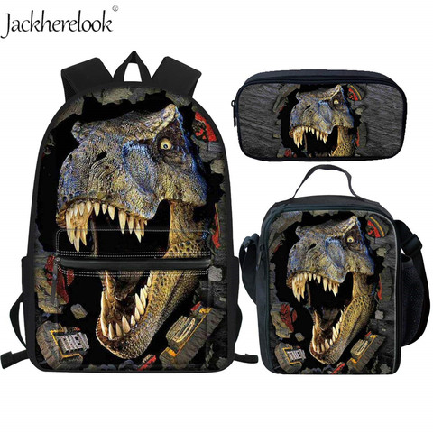 Jackherelook Cool T-rex Dinosaur School Bags Set 3Pcs Large Canvas Backpack Teen Boys Students Book Bag with Lunch Box Pen Case ► Photo 1/6