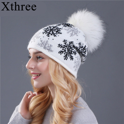 Xthree Real Mink Pom Poms Wool Rabbit Fur Knitted Hat Skullies Winter Hat for Women Girls Hat Beanies Christmas snow Hat ► Photo 1/6