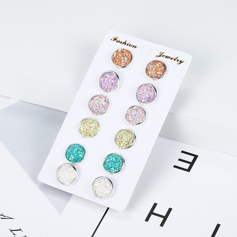 6 Pairs/Set Women's Shiny Resin Ear Stud with Round Bling Druzy Stone For Girls Cute Earrings Set 2022 Fashion Jewelry ► Photo 1/6