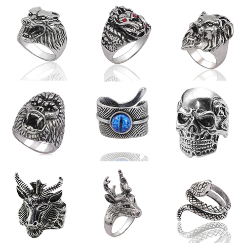 Gothic Punk Ring Men Retro Dragon Rabbit Snake Tiger Wolf Rings Skeleton Devil Evil Eye Pentagram Animal Male Ring Jewelry Anel ► Photo 1/6