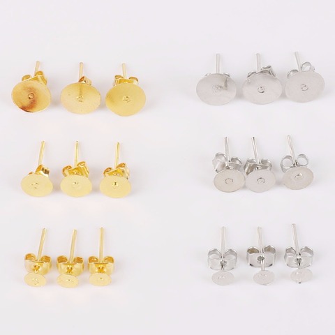100pcs 4mm 6mm 8mm Gold/Rhodium Earrings Settings Blank Round Base Cabochon Stud Ear Flat Base Posts Pure Plug Earrings ► Photo 1/6