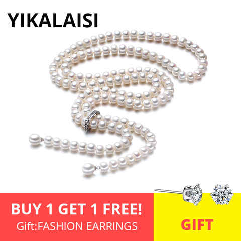 YIKALAISI 925 Sterling Silver Natural Freshwater Pearl Long Necklace Jewelry For Women 8-9 mm Real Pearl Fashion Chokers ► Photo 1/6