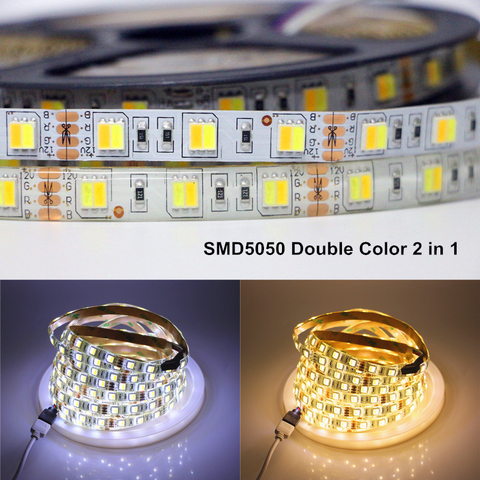 SMD 5050 Double Color 2 in 1 LED Strip 12V 5M 60LEDs/M CCT Adjust Flexible LED Tape 5025 Cold white + Warm white LED Lamp Ribbon ► Photo 1/6