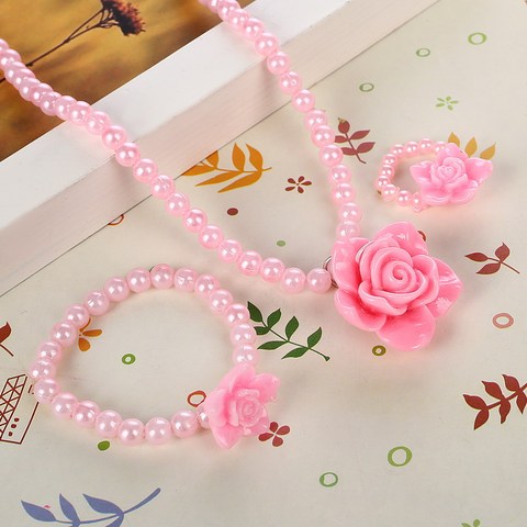 Beaded Children imitation Pearl Jewelry Best Baby Pink Girl Kids Jewelry Set Rose Flower Necklace Bracelet Ring ► Photo 1/6