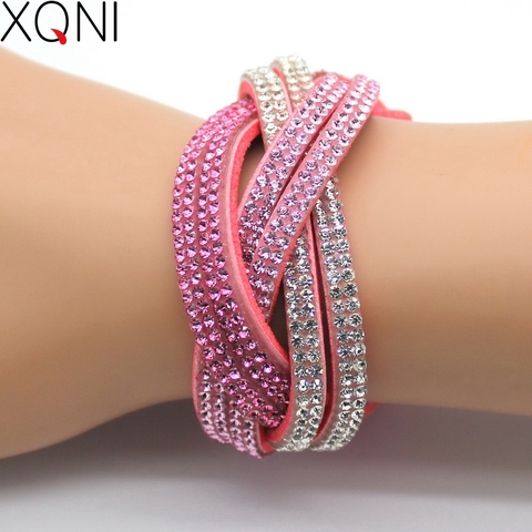 XQNI Brand Handmade Crystal Leather Bracelets Women Bangles Trendy Brand Pink Rhinestone Braided Charm Bracelets Jewelry ► Photo 1/6