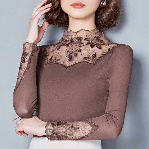 Embroidery Women Mesh Lace Blouses Shirts See Through Style Spring Autumn Long Sleeve Turtleneck Collar Blusas DD1491 ► Photo 1/6