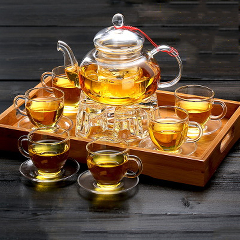 All Ready Elegant Glass Tea Set Borosilicate Glass Teapot With Cups Bamboo Tea Tray Tea SetKettle Warmer Glass Teapot Giftset ► Photo 1/6