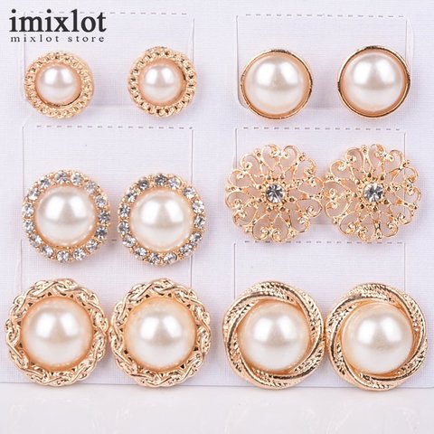 Imixlot 6 Pair/Lot Fashion Vintage Charm Jewelry Gold-Color Round Half Simulated Pearls Flower Stud Earring For Women ► Photo 1/6