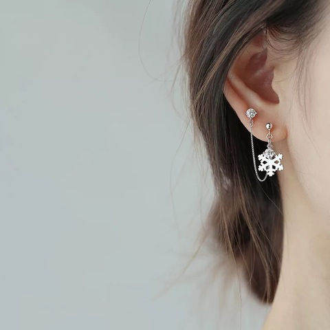 925 sterling silver earring 2 ear hole snowflake zircon circle Line ear chain fashion trend personality girl silver ear jewelry ► Photo 1/6