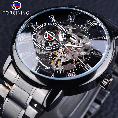 Forsining 3D Hollow Engraving Full Black Clock Luminous Design Black Stainless Steel Men's Mechanical Watches Top Brand Luxury ► Photo 1/6