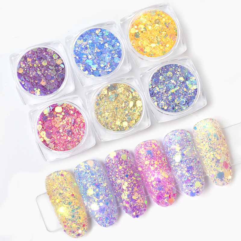 6boxes/set Mixed Nail Flakes Manicure Paillette Holographic Mermaid Glitter  Sequins Nail Art Decor UV Gel Polish Glitter Powder