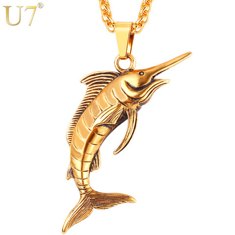 U7 Stainless Steel Swordfish Pendant & Chain Necklace Rock Sea Animal Punk Kpop Necklaces Men Jewelry P1118 ► Photo 1/6