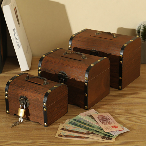 1PC Wooden Piggy Bank Safe Money Box Savings Wood Carving Handmade Vintage Retro Child Cash Coin storage box High Quality Gifts ► Photo 1/5