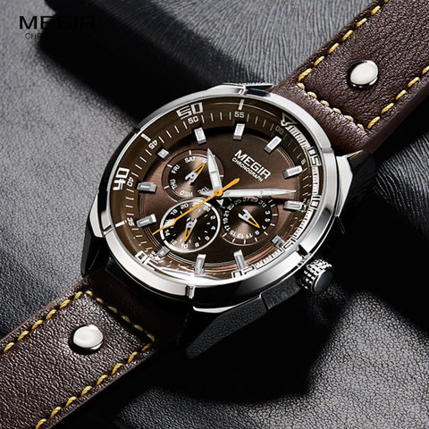 MEGIR Men's Waterproof Quartz Watches Luminous Calendar Week 24 Hours Casual Analogue Wristwatch for Man Brown 2072GBN-10 ► Photo 1/6