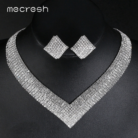 Mecresh Crystal Bridal Wedding Jewelry Sets African Beads Silver Color Rhinestone Women Necklace Sets Engagement Jewelry MTL475 ► Photo 1/5