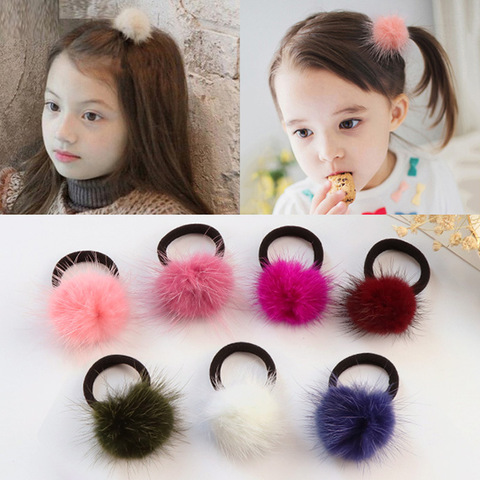 Furling Girl Pack of 2 Genuine Fur Pom Pom Elastic Hair Band Solid Color Mink Ball for Girls Headwear Soft Hair Accessories ► Photo 1/6