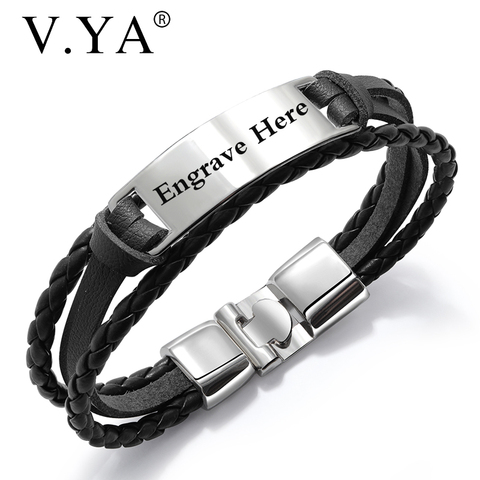 V.YA  Punk Multilayer Simple Bracelet Stainless Steel PU Leather Bracelet 4 Colors Engrave Bangle For Men Unique Gift ► Photo 1/5