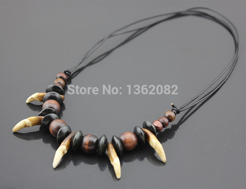 Tribal Fangs Wolf Tooth Pendant Genuine Leather Chain Beaded Surfer Necklace Choker Mens Womens Amulet Jewellery Gift YN509 ► Photo 1/5