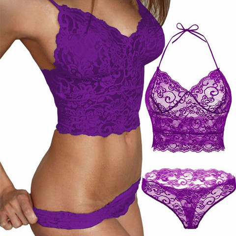 2pcs Transparent Women Bra Set Lace Lingerie Set Sexy Hot Erotic Flowers  Purple Seamless Underwear Brief Lenceria ► Photo 1/5