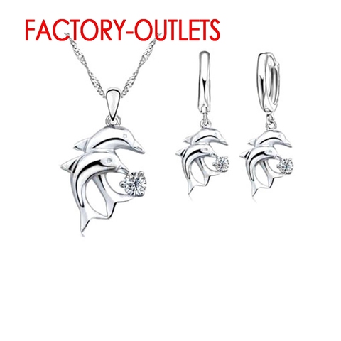925 Sterling Silver Bridal Jewelry Sets Dolphin Design Round Crystal Necklaces Hoop Earrings Women Girls Engagement Anniversary ► Photo 1/2