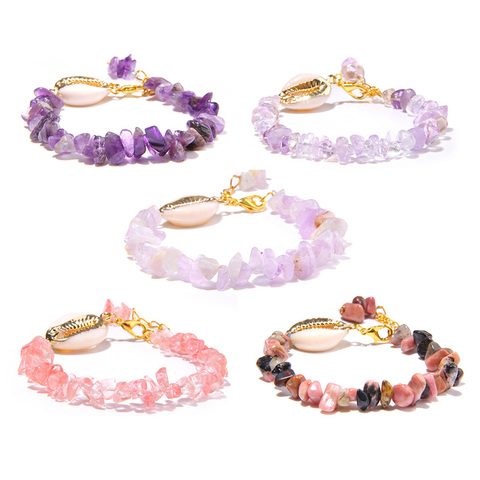 Women's Simple natural Amethysts stone beads bracelet purple quartz Crystal stone Shell charm Chain Bracelets jewelry for ladies ► Photo 1/6