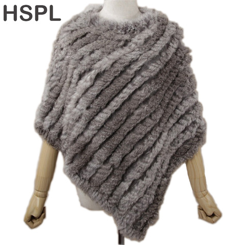 HSPL Fur Poncho 2022 Autumn Real Rabbit Hot Sale Triangle Knitted Women Pullover Lady Pashmina Wrap poncho pele de coelho ► Photo 1/5