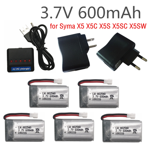 5PCS 3.7 V 600 mAh Lipo Battery Pack + 5 in1 charger for Syma X5 X5C X5S X5SC X5SW RC quadcopter Remote controlled aircraft ► Photo 1/4