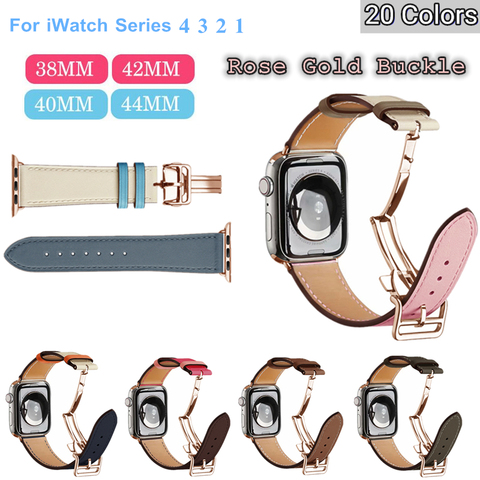 Rose Gold Genuine Leather Single Tour Deployment Watch Band for Apple Watch 6 5 4 3 2 1 44mm 40mm Strap for iWatch Original Logo ► Photo 1/6