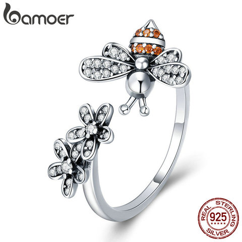 BAMOER 100% 925 Sterling Silver Trendy Bee & Daisy Flower Finger Rings for Women Adjustable Size Valentine Gift Jewelry SCR422 ► Photo 1/6