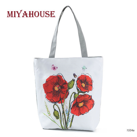 Miyahouse Red Poppy Printed Summer Beach Handbags Women Casual Canvas Large Capacity Shopping Bags Female Fresh Style White Tote ► Photo 1/6
