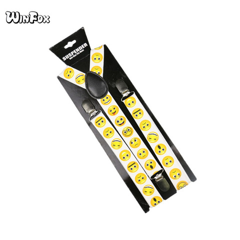 Winfox Fashion Yellow Smile Face Suspenders For Women Men Black White 2.5cm Wide Elastic Suspenders Braces suspensorio ► Photo 1/6