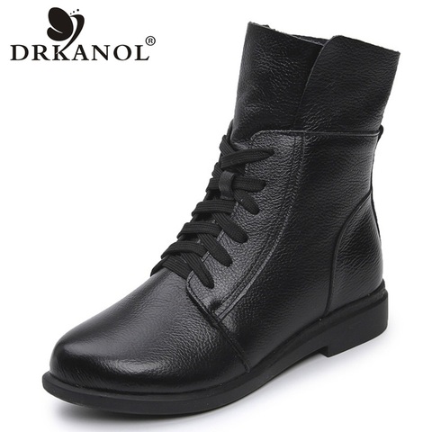 DRKANOL Fashion Cow Genuine Leather Women Ankle Boots Square Heel Short Boots Ladies Lace Up Motorcycle Boots Black Red Booties ► Photo 1/6