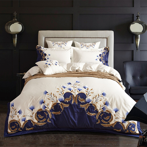 US King Queen size Chic Embroidered White Blue Luxury Bedding set 60S Egyptian Cotton bed sheet set Duvet cover Pillowcase ► Photo 1/6