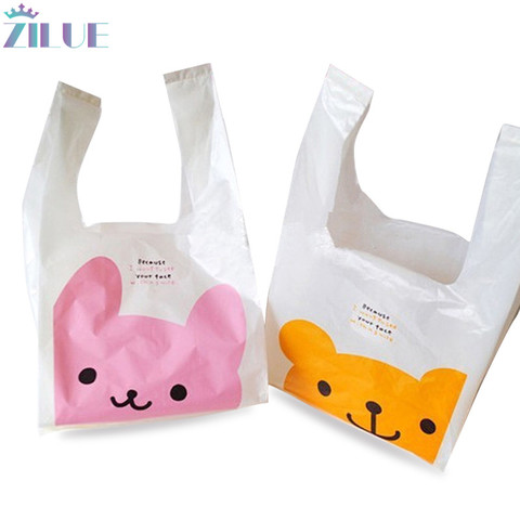 Zilue Reticule 100pcs/Lot Small Mini Cute Pink Bunny Yellow Winnie Maga Plastic Bag With Handle For Jewelry Carry Bag  Vest Bag ► Photo 1/6