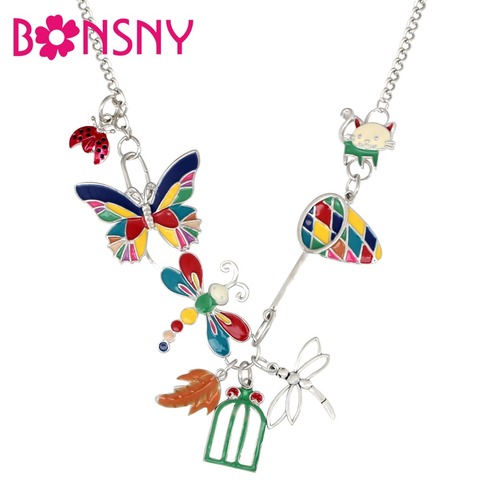 Bonsny Enamel Alloy Butterfly Dragonfly Ladybug Cat Necklace Pendant Natural Insect Jewelry For Women Girls Teens Gift Spring ► Photo 1/6