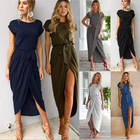 2022 New Spring Fashion Elegant Dress Plus Size Women Clothing Casual Short Sleeve O-Neck Blue Dress Loose Split Irregular Dress ► Photo 1/1