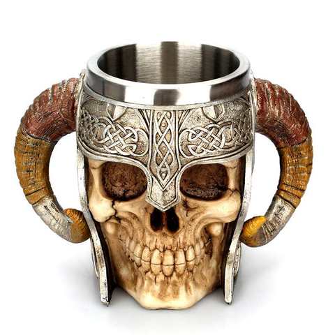 Stainless Steel Skull Mug Viking Ram Horned Pit Lord Warrior Beer Goat Horn Resin Tankard Coffee Mugs Tea Cup Halloween Bar Gift ► Photo 1/6