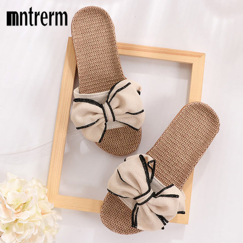 Mntrerm 2022 New Casual Sneakers For Home Slippers Summer Bow-knot Soft Floor Woman Indoor Flats Shoes Cute Linen Slipper Terlik ► Photo 1/6