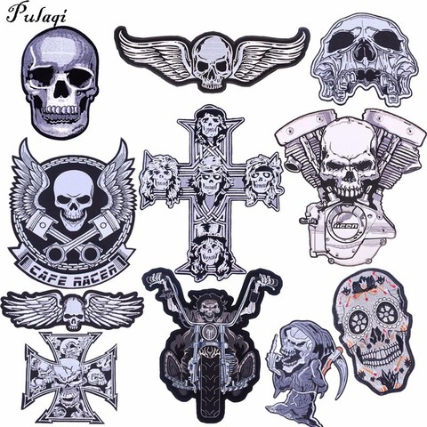 Pulaqi Punk Skull Patch Biker Rock Large Embroidered Motorcycle Band Patches For Clothes Jacket Big Wings Patch Back Badge H ► Photo 1/6