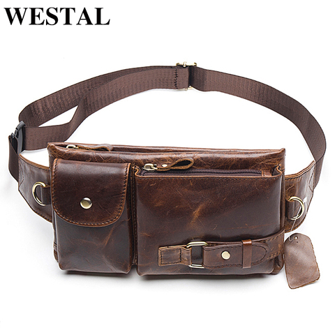 WESTAL men's genuine leather waist bags travel fanny pack leather belt waist bag phone hip pack chest messenger for man 9080 ► Photo 1/6