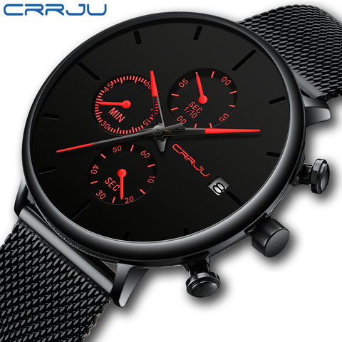 Mens Women StopWatches CRRJU Unique Design Luxury Sport Wrist Watch Stainless Steel Mesh Strap Men's Fashion Casual Date Watches ► Photo 1/5