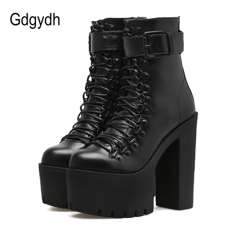 Gdgydh Fashion Motorcycle Boots Women Leather Spring Autumn Metal Buckle High Heels Shoes Zipper Black Ankle Boots Woman Lacing ► Photo 1/6