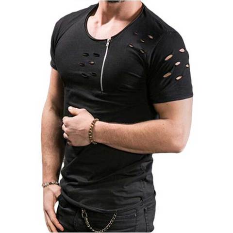 Ripped Men's T Shirt Slim Fit Muscle O-Neck Top Tee New Fashion Summer Hole Casual Short Sleeve T-Shirt Men Clothes MY069 ► Photo 1/6