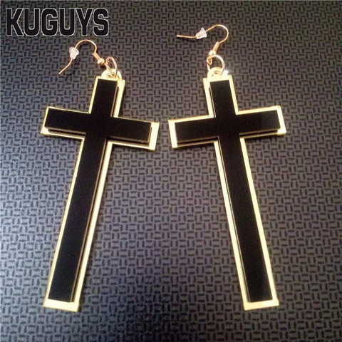 KUGUYS Fashion Jewelry Black Cross Earring for Women Acrylic Mirror Drop Earring Pendientes Trendy Long Dangle Earring Oorbellen ► Photo 1/6