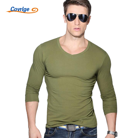 Covrlge New Men Fashion Solid T-shirt Spring Long Sleeve Slim Shirt Brand Clothing casual Mens V-neck Tops Tshirt for Man MTL001 ► Photo 1/1