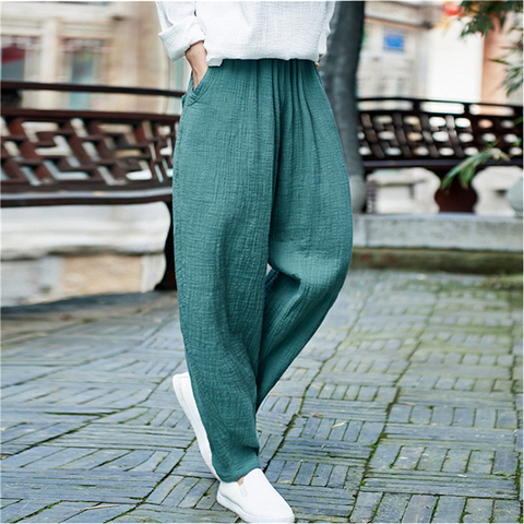 Johnature Women Pockets Harem Pants Elastic Waist 2022 Spring New Casual Vintage Trouser Loose Quality Women Cotton Linen Pants ► Photo 1/1