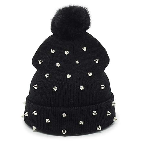 Womens Rivet Winter Pompom Beanies Punk Rock Hip Hop Top Ball Knitted Hat Warm Gorros Black Skullies Caps ► Photo 1/4