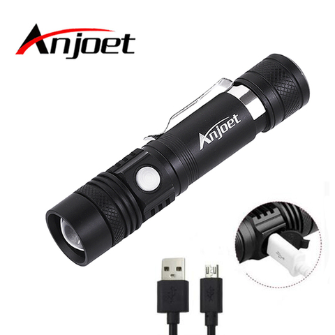 Anjoet Super Bright Led flashlight USB linterna led torch T6 LED Power Tips Zoomable Bicycle Light 18650 Rechargeable +USB Cable ► Photo 1/6