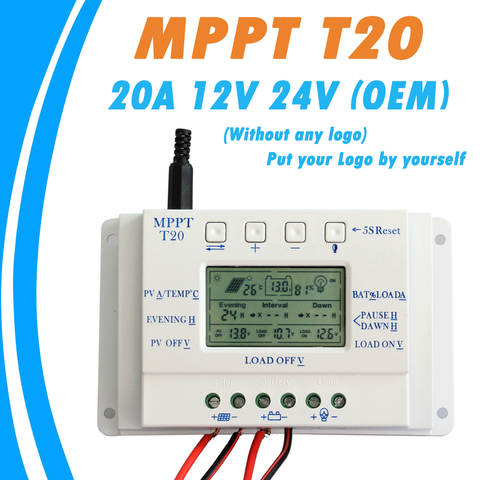 OEM LCD Display 20A MPPT 12V/24V Solar Panel Battery Regulator Charge Controller without Any Logo On Surface T20 LCD Wholesales ► Photo 1/3